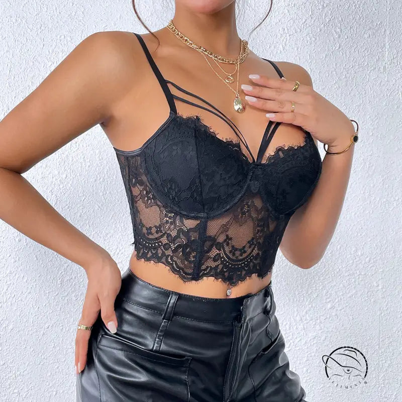 Sexy lace camisole corset with black straps and sweetheart neckline