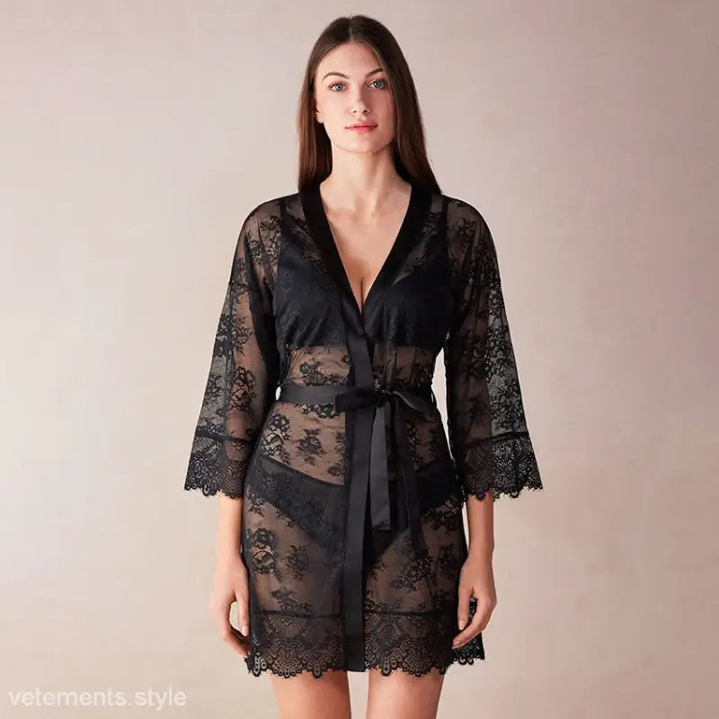 Elegant Black Lace Robe homewear with sheer panels and tie waist for sexy style