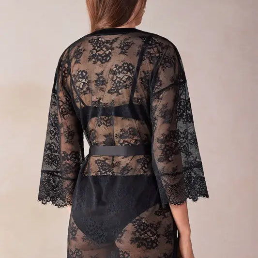Sheer black lace robe with floral patterns, ideal for elegant homewear or sexy lace robe
