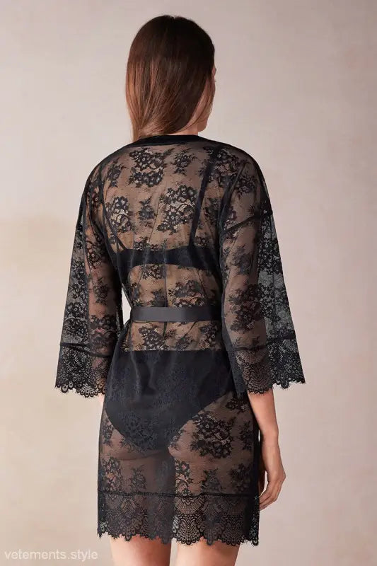 Sheer black lace robe with floral patterns, ideal for elegant homewear or sexy lace robe