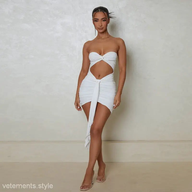 White sexy party short dress with strapless cutout and asymmetrical hem