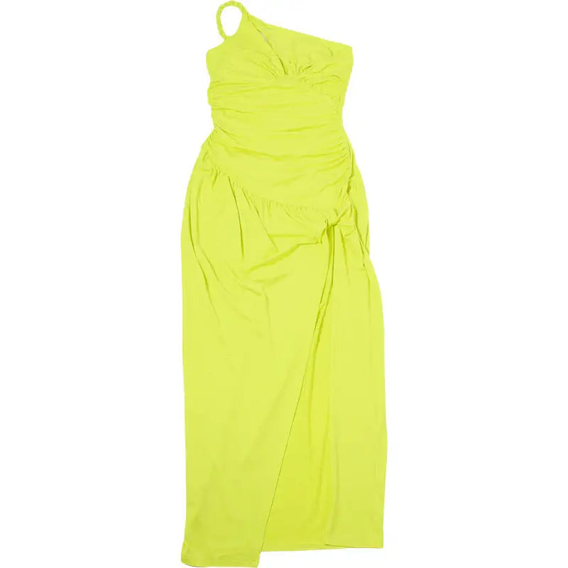 Neon yellow one-shoulder elegant sexy slit dress for parties and clubs