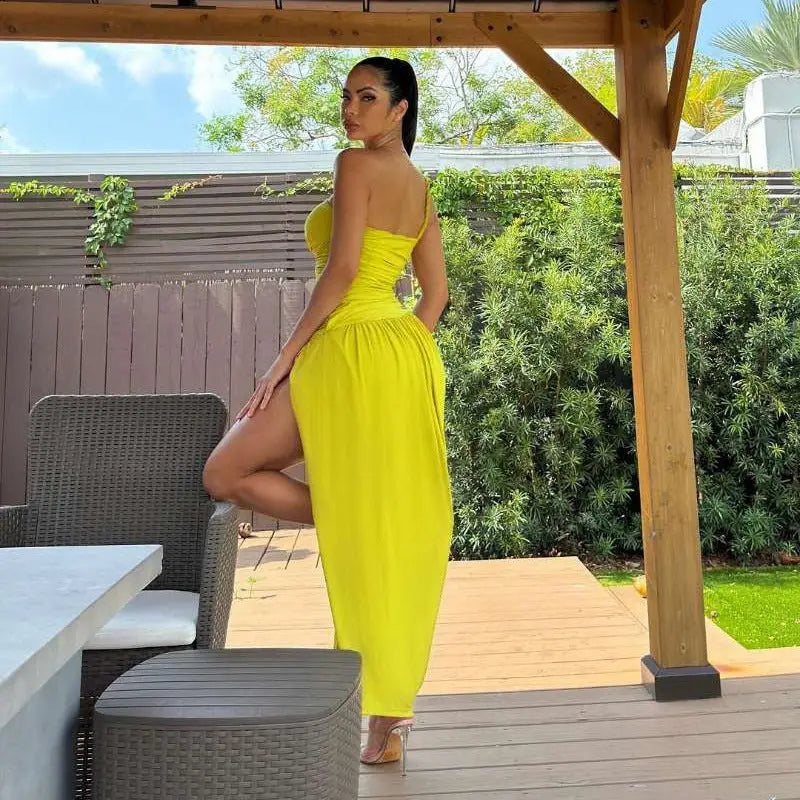 Yellow one-shoulder elegant sexy slit dress from Elegant Slit Asymmetrical Bodycon Dress for Parties and Clubs
