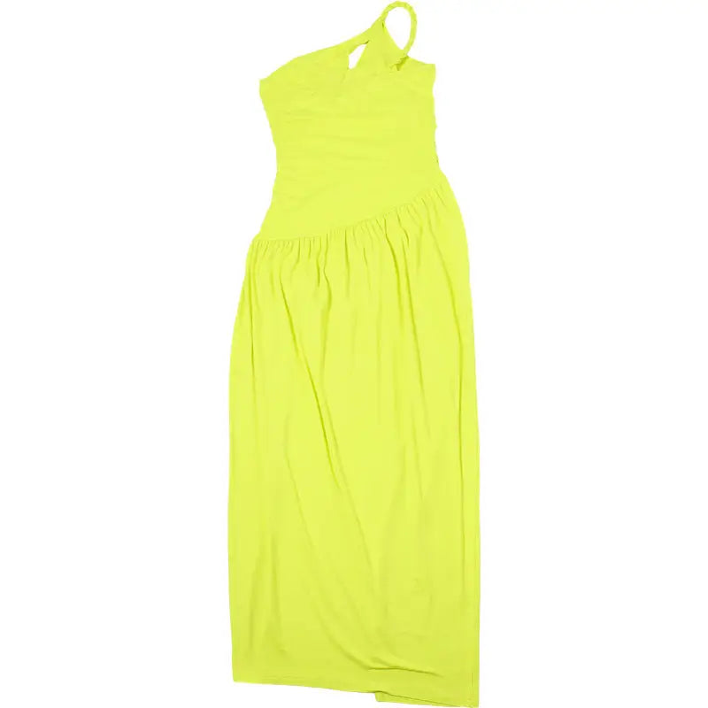Neon yellow one-shoulder maxi dress showcasing an elegant sexy slit for parties and clubs