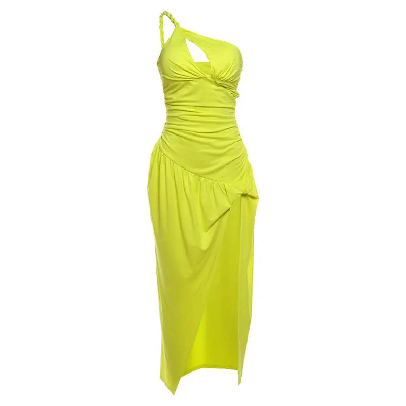 Chartreuse one-shoulder elegant sexy slit dress from Elegant Slit Asymmetrical Bodycon Dress for Parties and Clubs