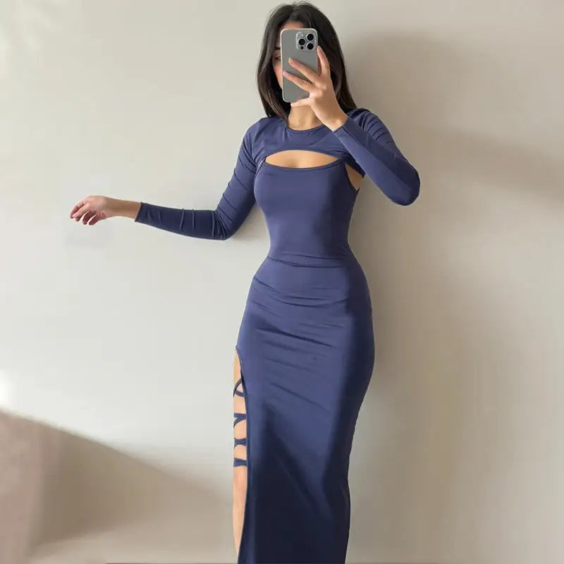 Long-sleeved blue cutout sexy split hip dress from Elegant Split Hip Dress Set
