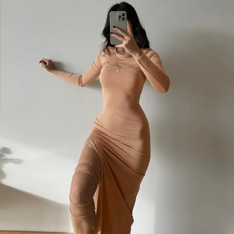 Tan long-sleeved sexy split hip dress from the Elegant Split Hip Dress Set for seasons