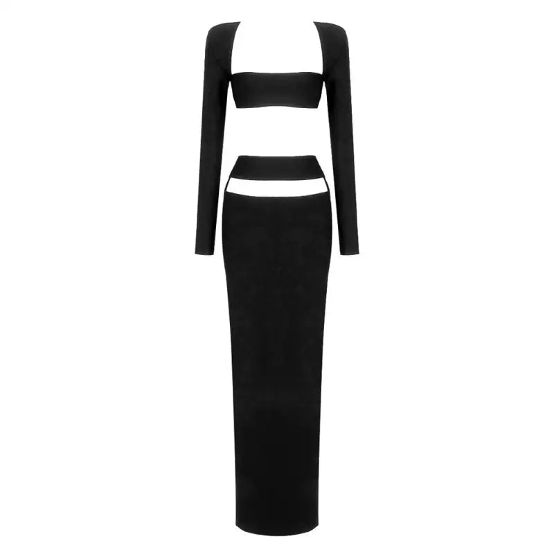 Black long-sleeved crop top and maxi skirt set featuring white cutout details