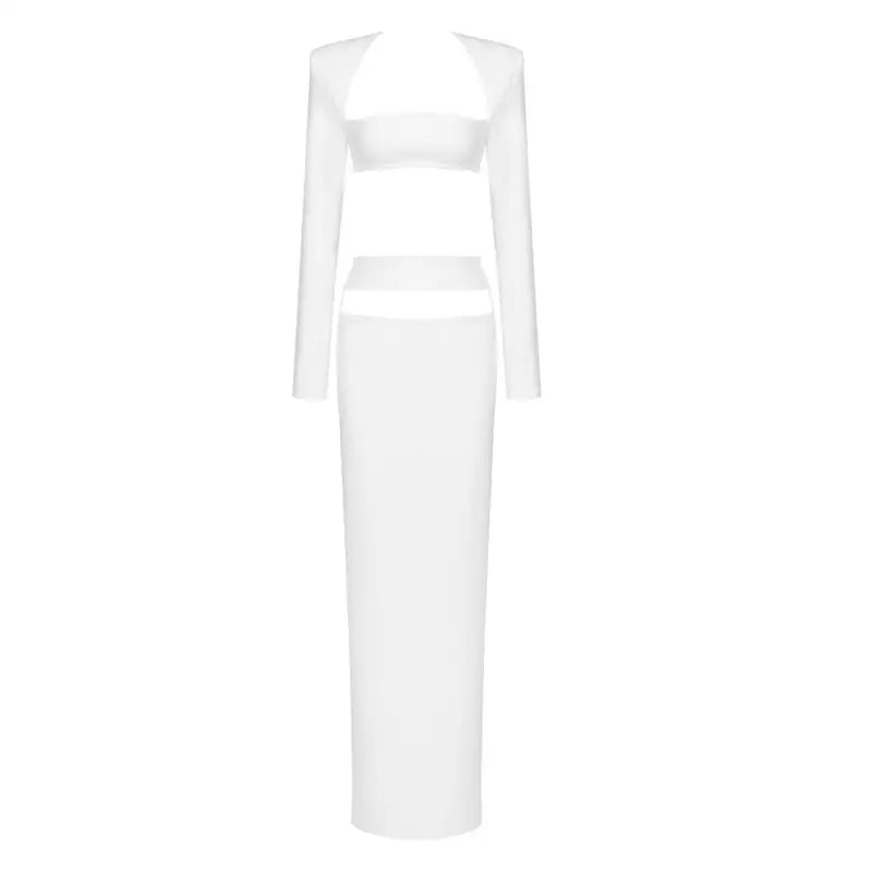 White long-sleeved crop top and maxi skirt two-piece set for a stylish look
