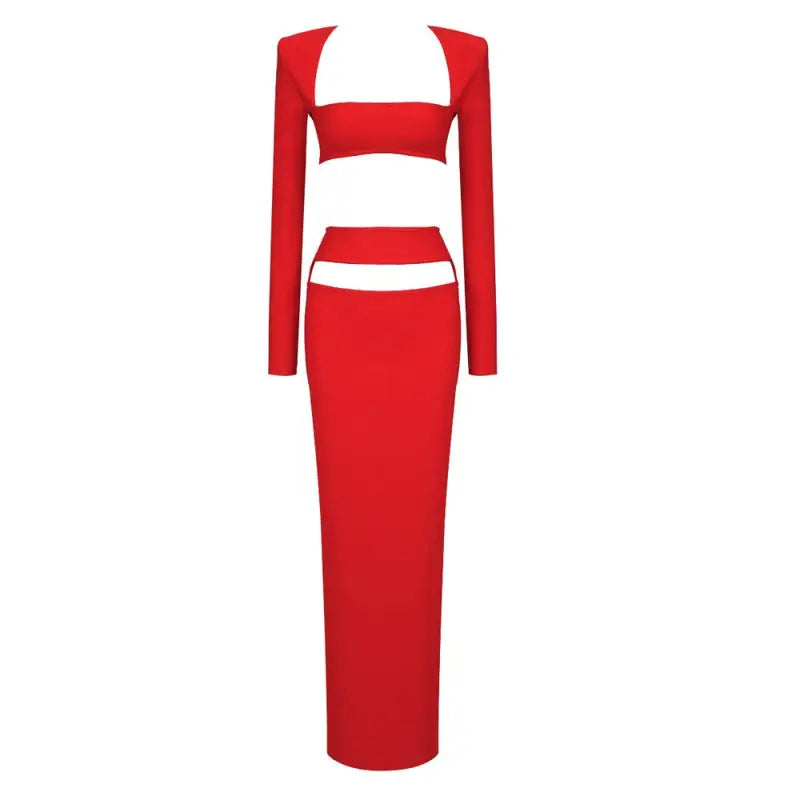 Red long-sleeved stretch bandage dress featuring a sexy cropped top and fitted maxi skirt