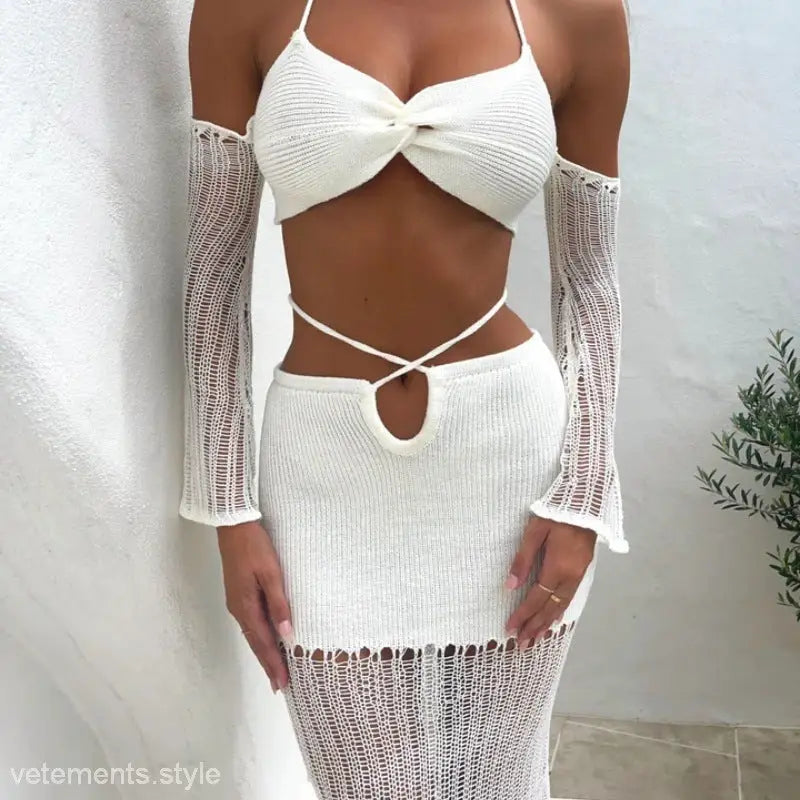 Elegant weekend set with white knitted two-piece and hip skirt for a chic look