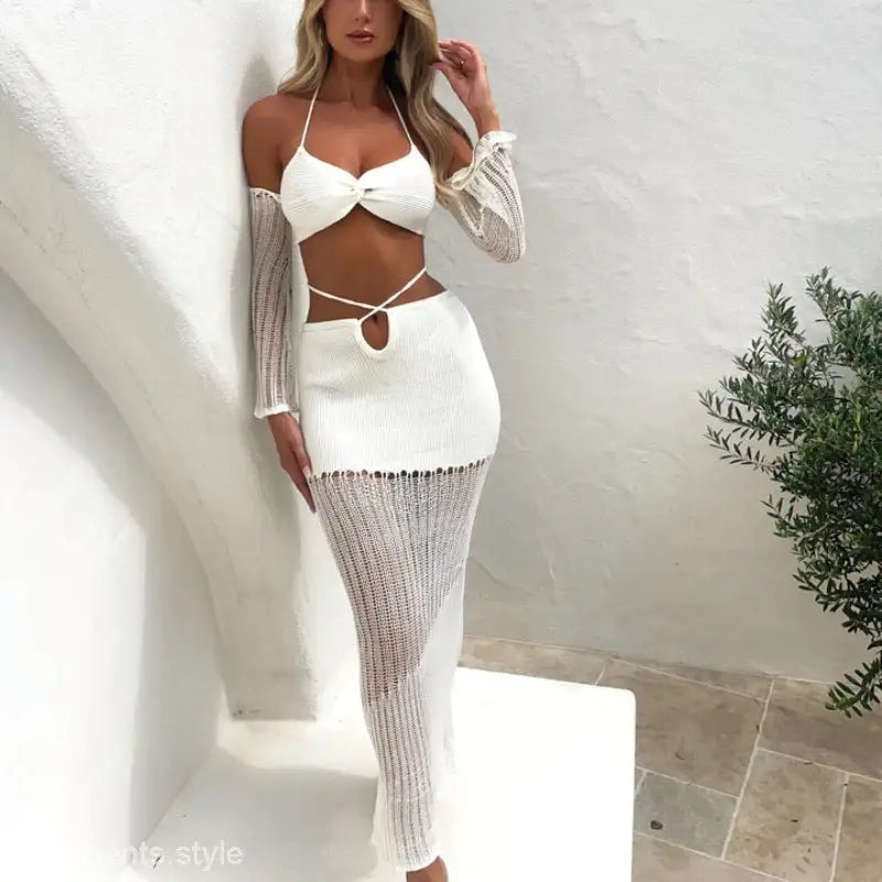 Elegant white knit two-piece outfit with sexy weekend set and hip skirt knitted design
