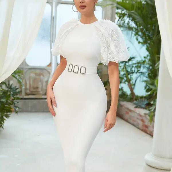 Elegant Shawl Bandage Dress featuring a White Midi Design with Puff Lantern Sleeves