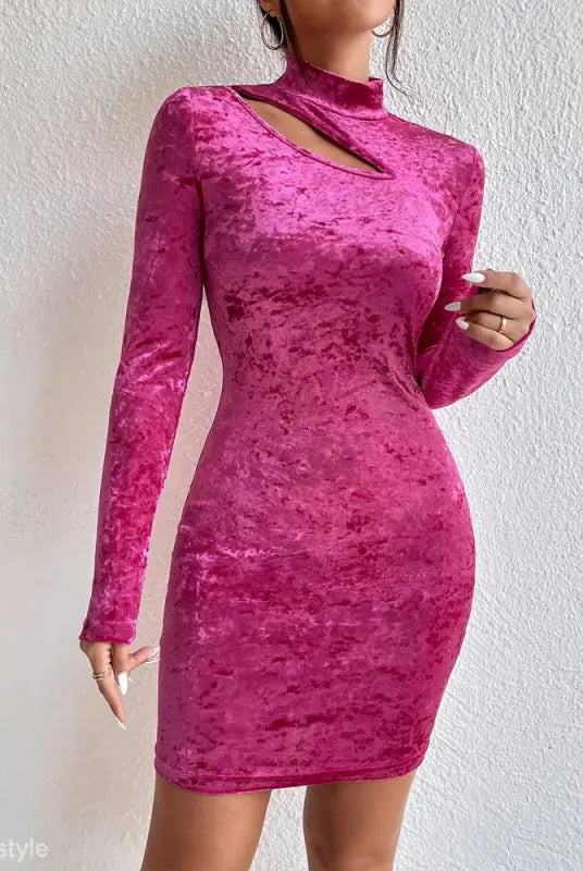 Pink velvet long-sleeve dress from Elegant Sheath Velvet Dress with Cutout Mock Neck Design