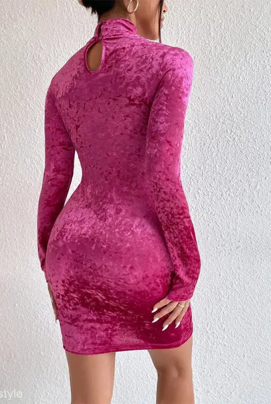 Pink velvet long-sleeve dress showcasing a sheath velvet sexy design with cutout mock neck