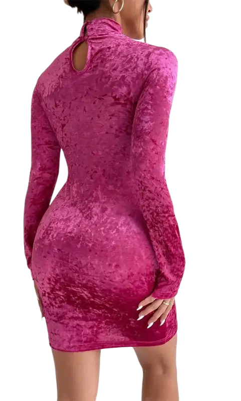 Pink sexy velvet dress with sheath cutout mock neck design
