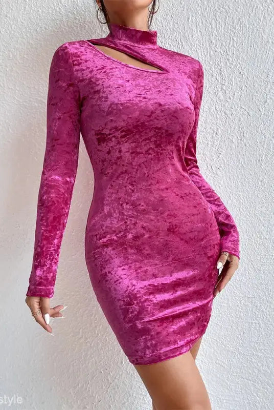 Pink velvet long-sleeve dress from Elegant Sheath Velvet Dress with Cutout Mock Neck Design, a sexy velvet dress option
