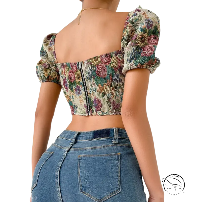 Sexy fashion backless corset with floral crop top, puff sleeves, and blue jeans