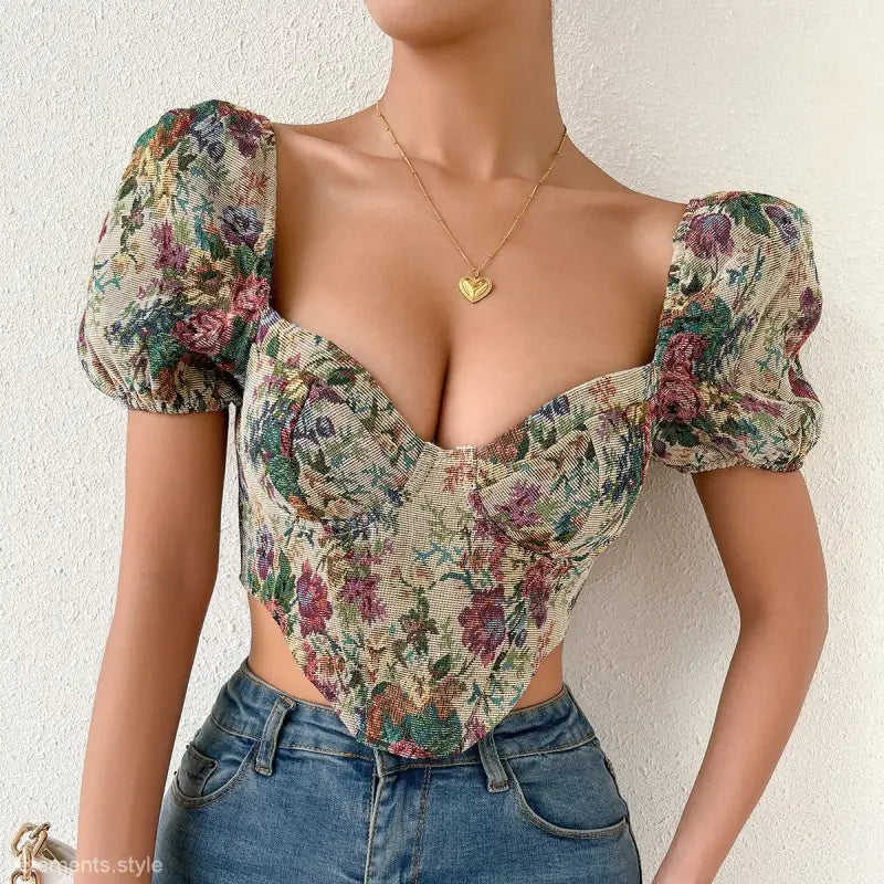 Elegant floral puff-sleeve crop top with sweetheart neckline, perfect for sexy fashion backless styles