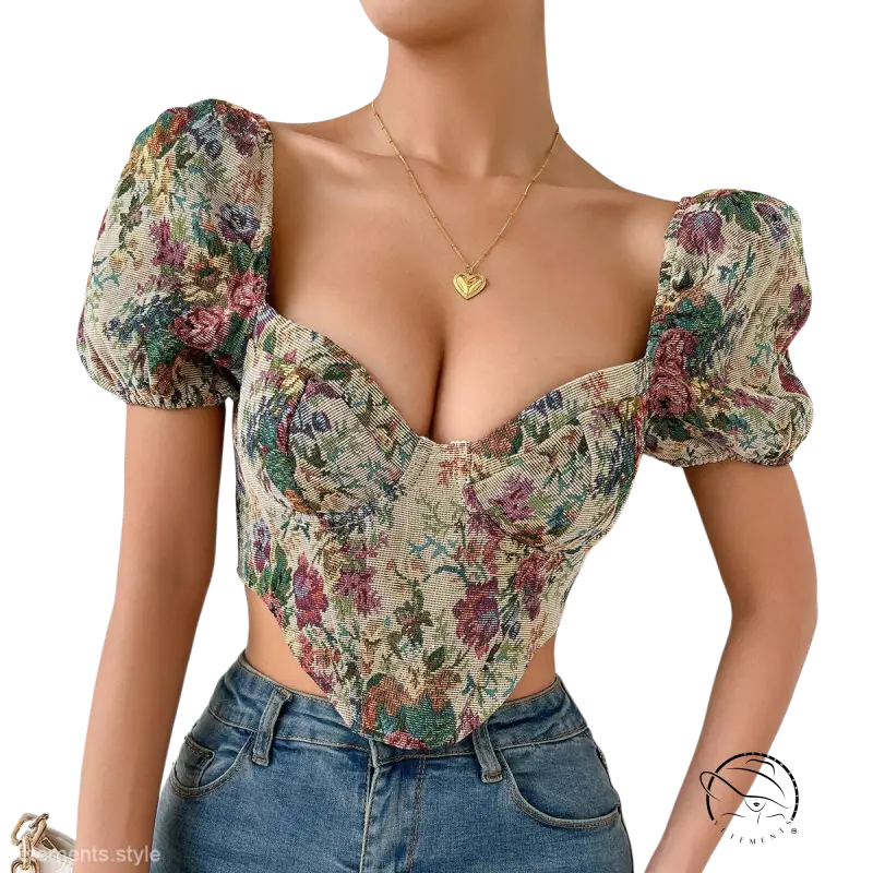 Sexy fashion backless corset dress with floral puff sleeves and jeans