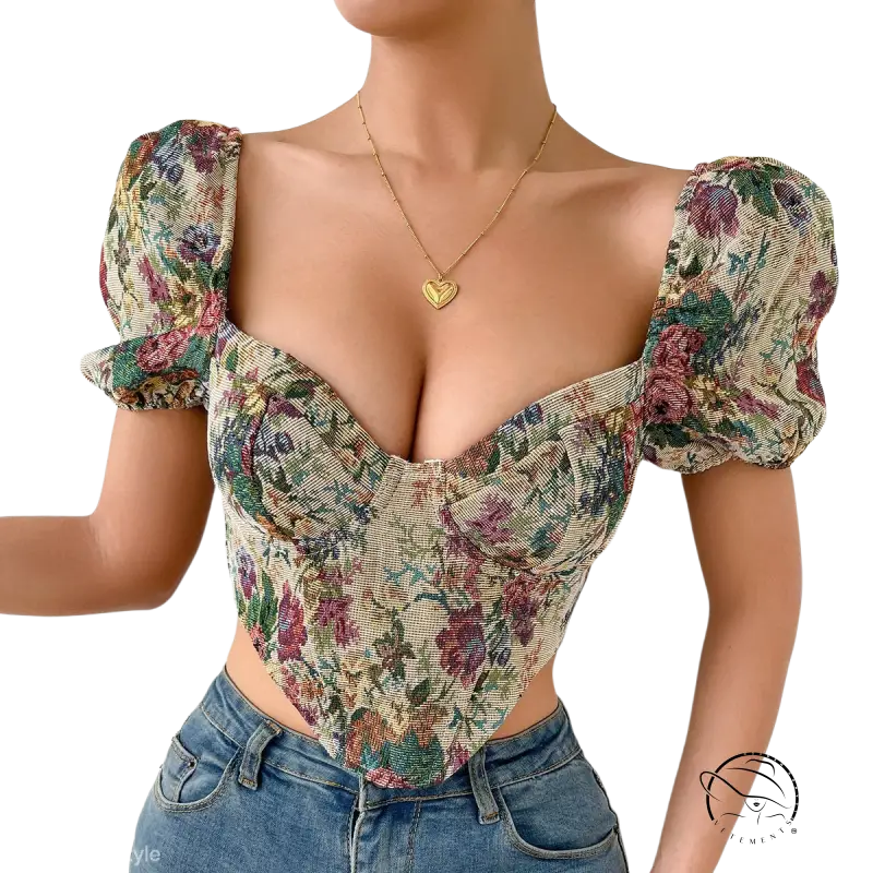 Elegant floral backless corset dress with puffed sleeves and sweetheart neckline