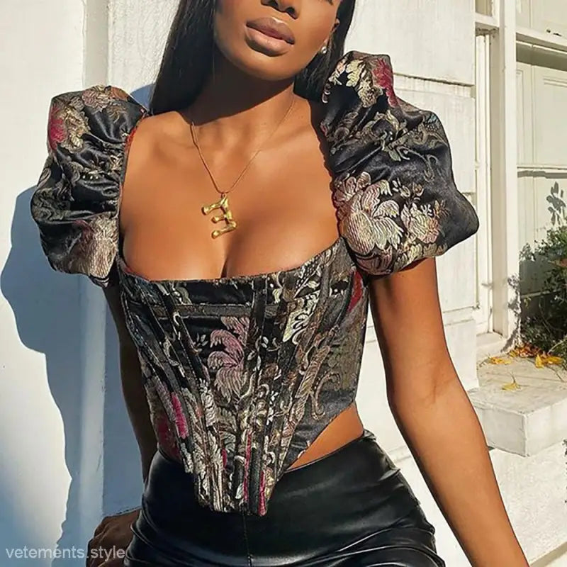 Elegant Short Sleeve Floral Corset Top featuring intricate boning and stylish puff sleeves