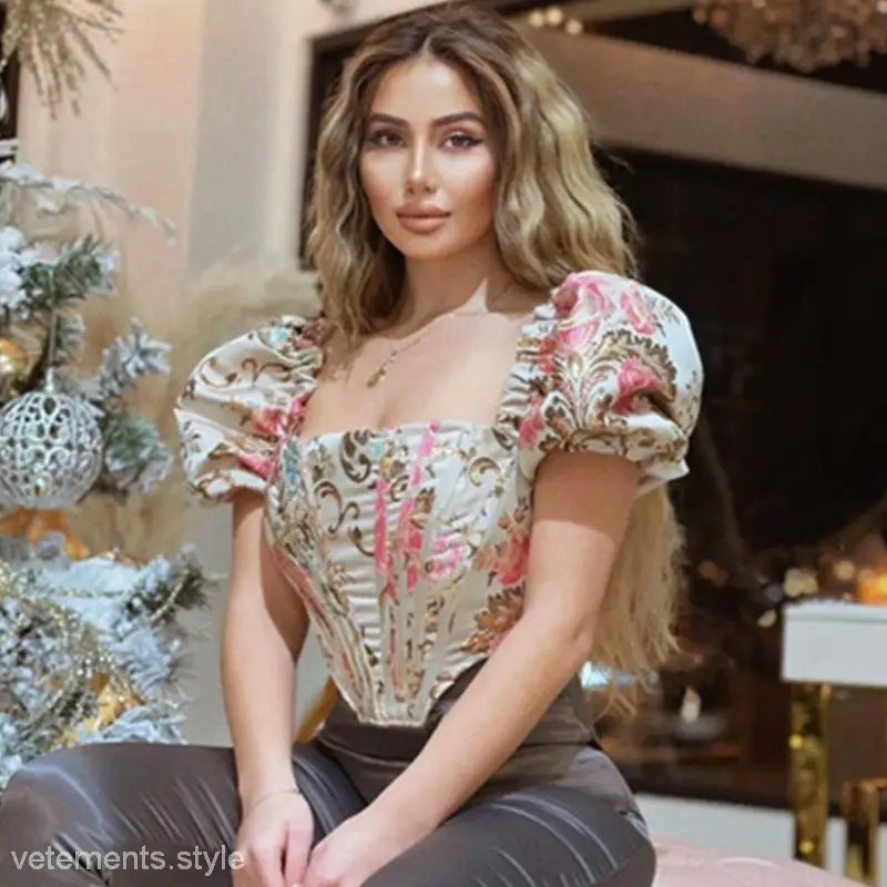 Elegant Short Sleeve Floral Corset Top with Puff Sleeves featuring boning corset design