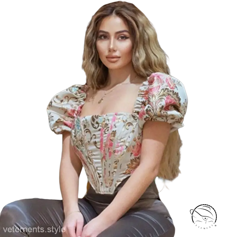 Elegant short sleeve floral corset top with puff sleeves and boning