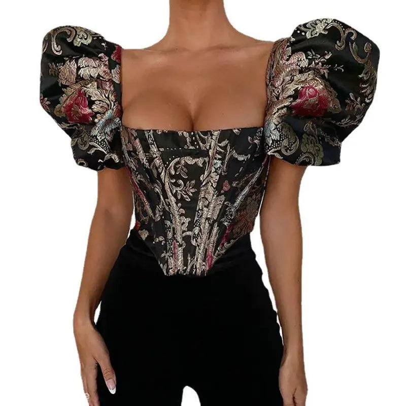 Elegant Short Sleeve Floral Corset Top with Puff Sleeves featuring intricate boning design