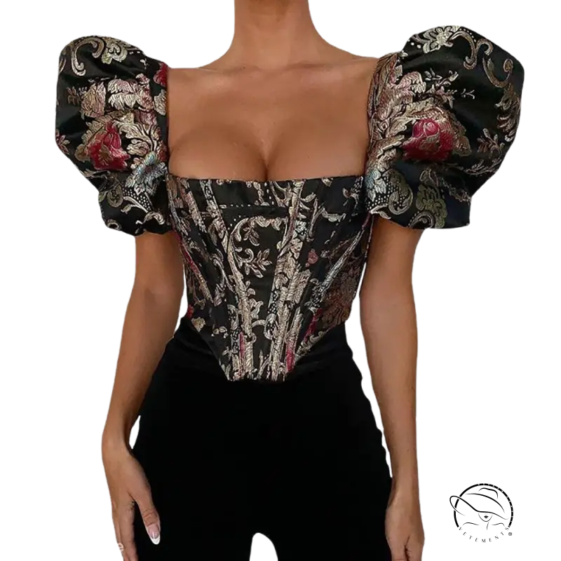 Elegant short sleeve floral corset top with puff sleeves and boning