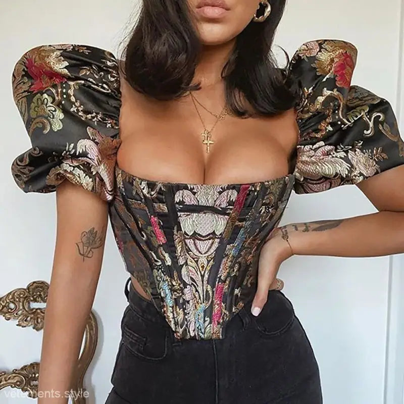 Elegant short sleeve floral corset top with puff sleeves and boning corset design
