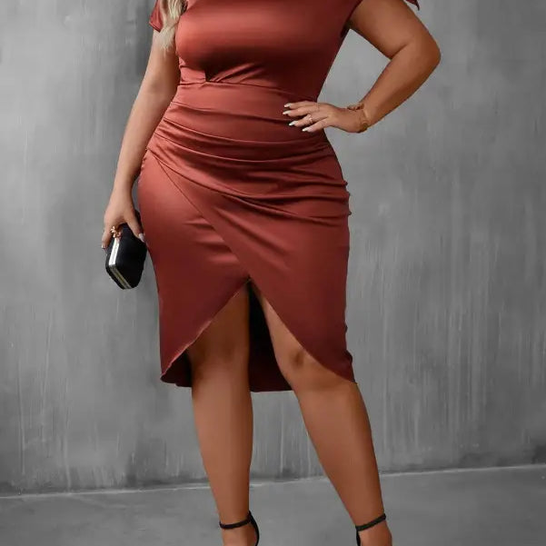 Rust-colored off-shoulder dress with side slit and ruched details, perfect for a diva sexy dress or short sleeve sheath occasion