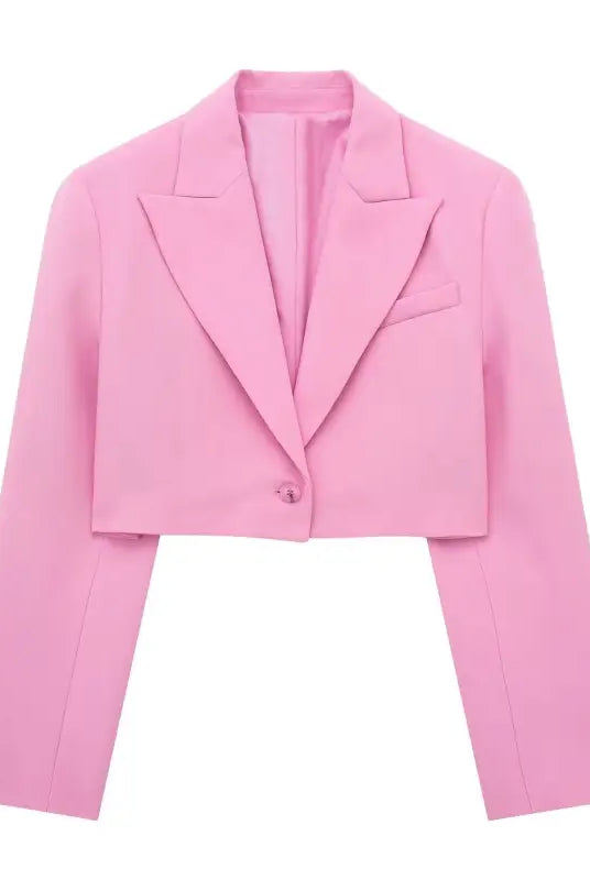 Pink cropped blazer as part of elegant casual blazer suit, short small blazer style