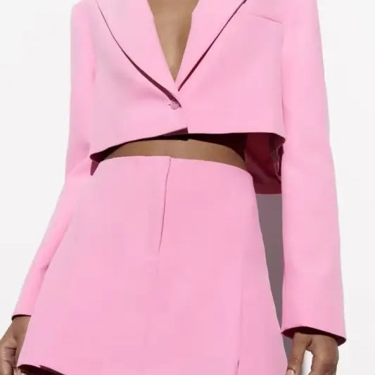Pink cropped blazer and skirt set, elegant casual blazer suit for office or casual wear