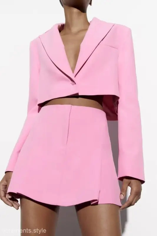 Pink cropped blazer and skirt set, elegant casual blazer suit for office or casual wear