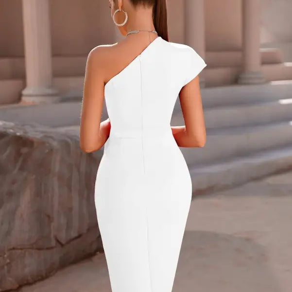 White one-shoulder midi dress featuring shoulder fold split design for modern elegance