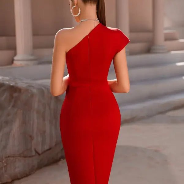 Elegant Shoulder Fold Split Dress in red showcasing a stylish one-shoulder design