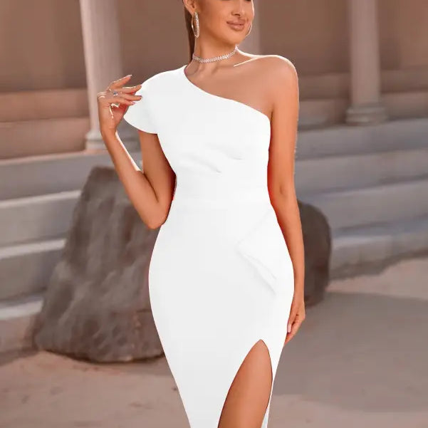 Elegant Shoulder Fold Split Dress in white featuring a one-shoulder design and bodycon style