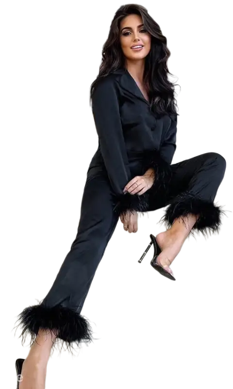 Elegant silk ostrich feather pajamas set with black satin and feather trim