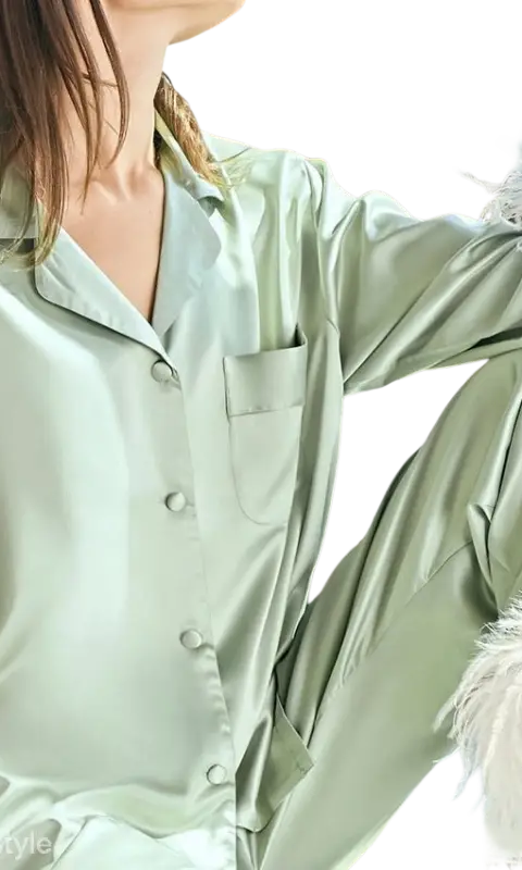 Elegant silk ostrich feather pajamas set in mint green satin with white accents