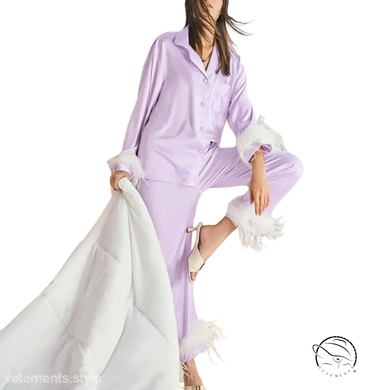 Elegant silk ostrich feather pajamas set with lavender satin and feather cuffs