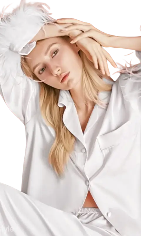 Elegant white silk ostrich feather pajamas set with satin trim