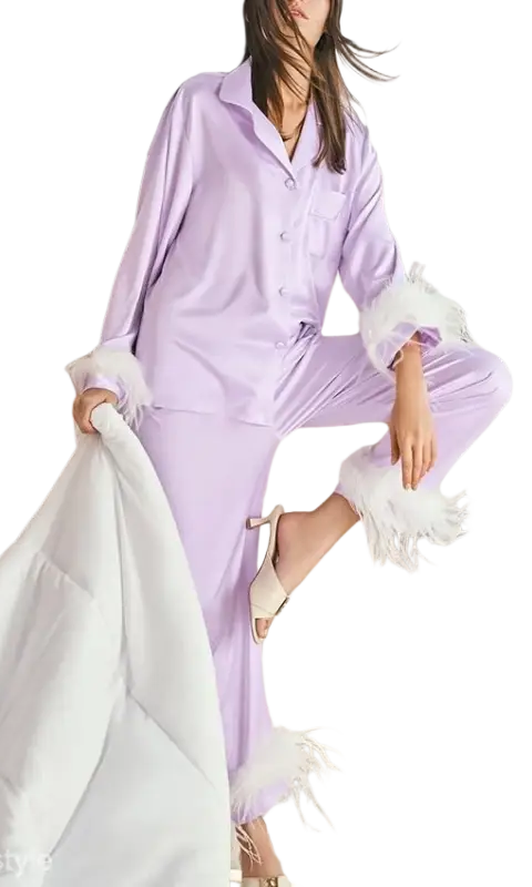 Elegant silk ostrich feather pajamas set with lavender satin and feather cuffs