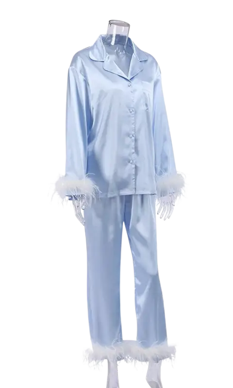 Elegant light blue silk ostrich feather pajamas set with white trim