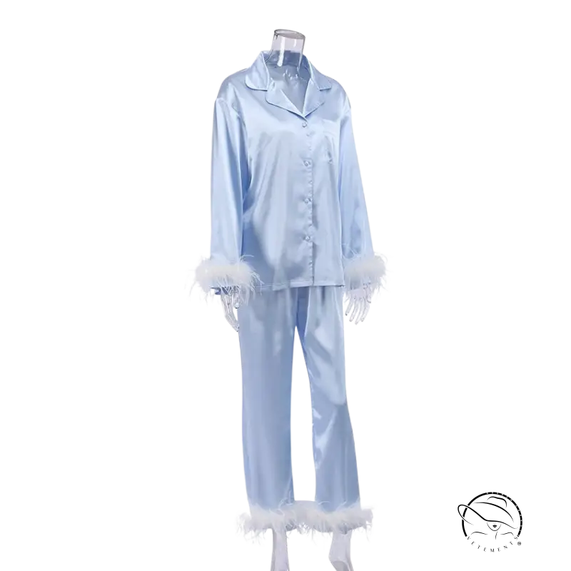 Elegant light blue silk ostrich feather pajamas set with white trim