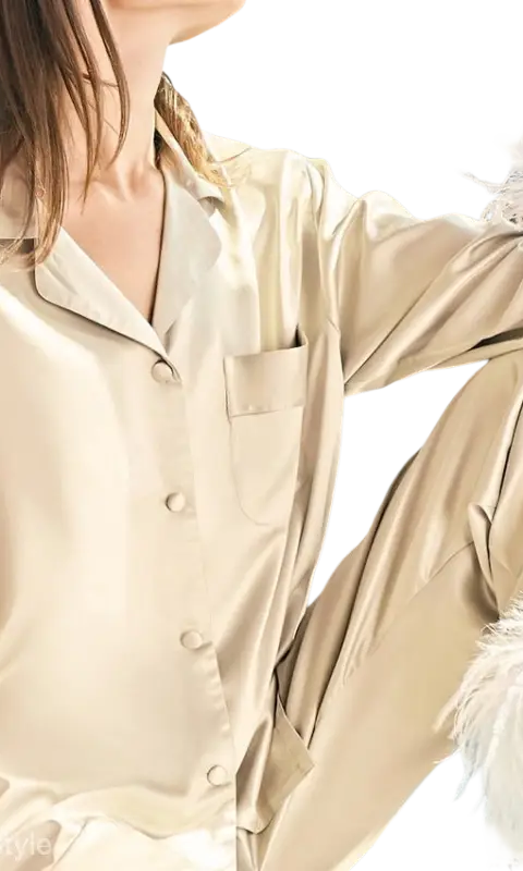 Elegant beige silk ostrich feather pajamas set with satin trim