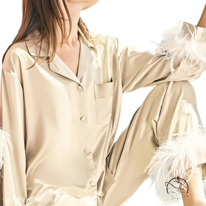Elegant beige silk ostrich feather pajamas set with satin trim