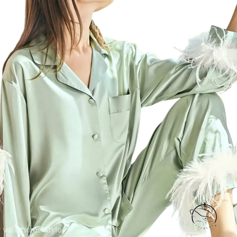 Elegant silk ostrich feather pajamas set in mint green satin with white accents