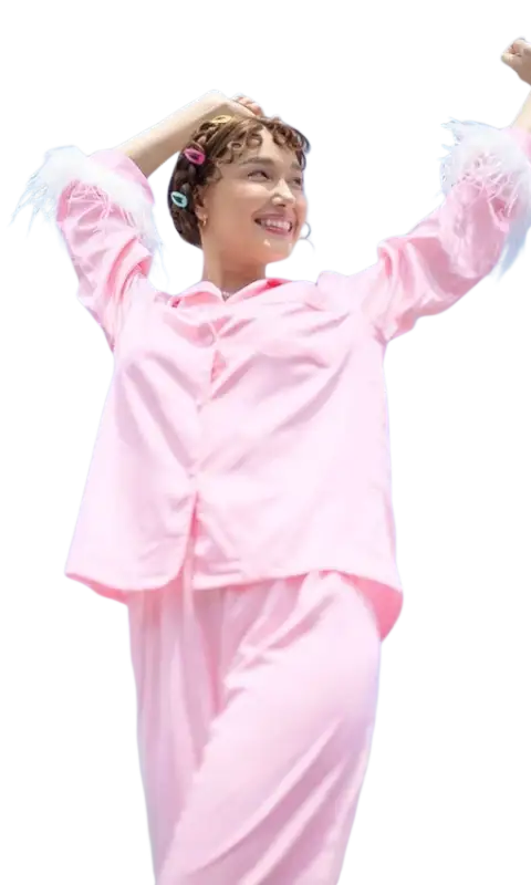 Elegant silk ostrich feather pajamas set in pink satin with feathered cuffs
