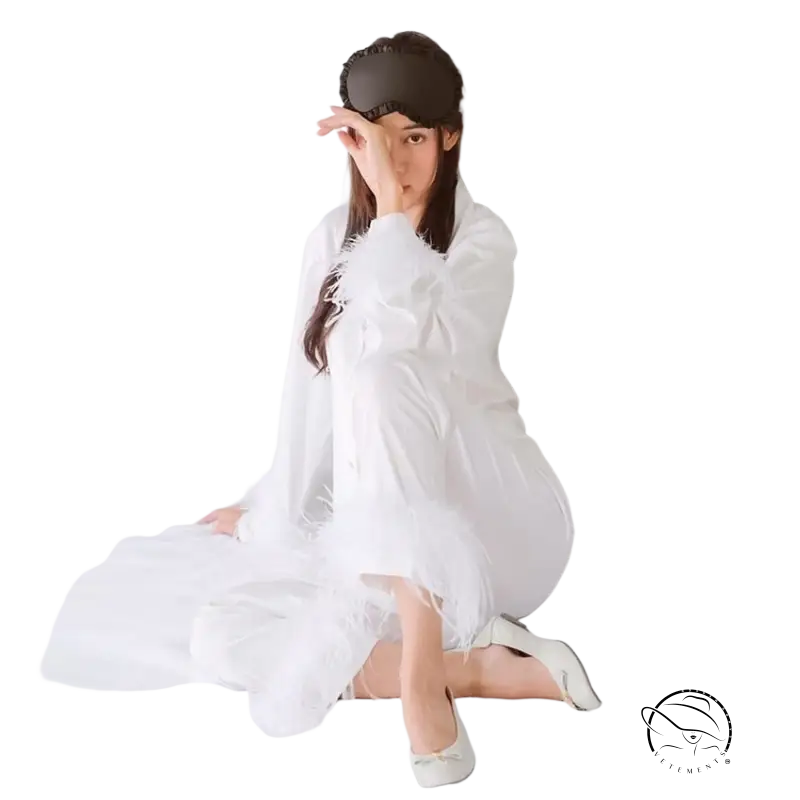 Elegant silk ostrich feather pajamas set with white feather-trimmed robe